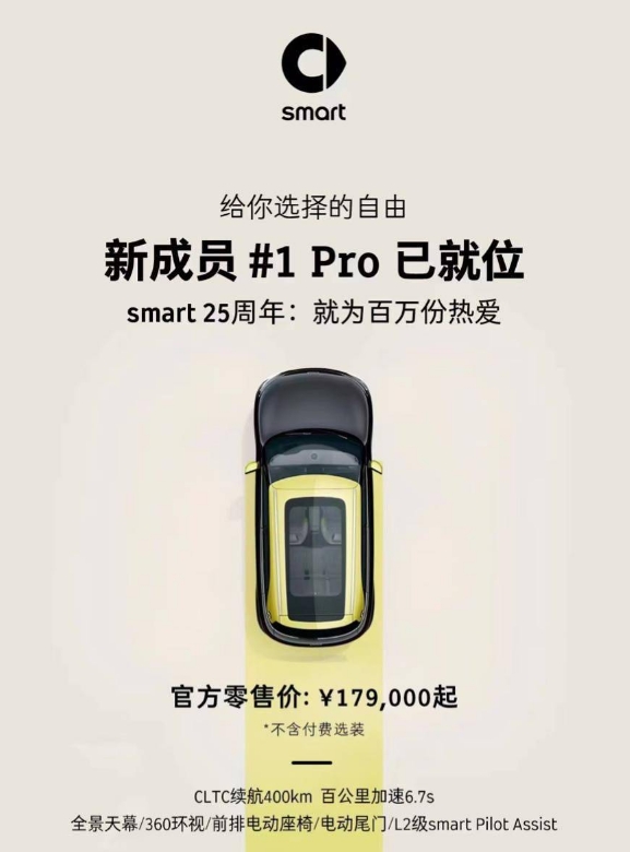 Smart精靈#1電動汽車現推出低價、小容量電池的版本新車預計6月起到店